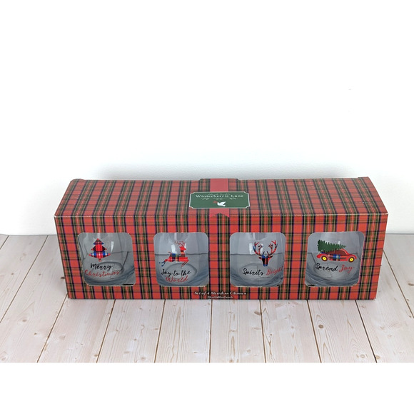 Winterberrie Lane Christmas Stemless Glasses 20 oz Set of 4 Plaid Holiday NIB - Picture 6 of 9
